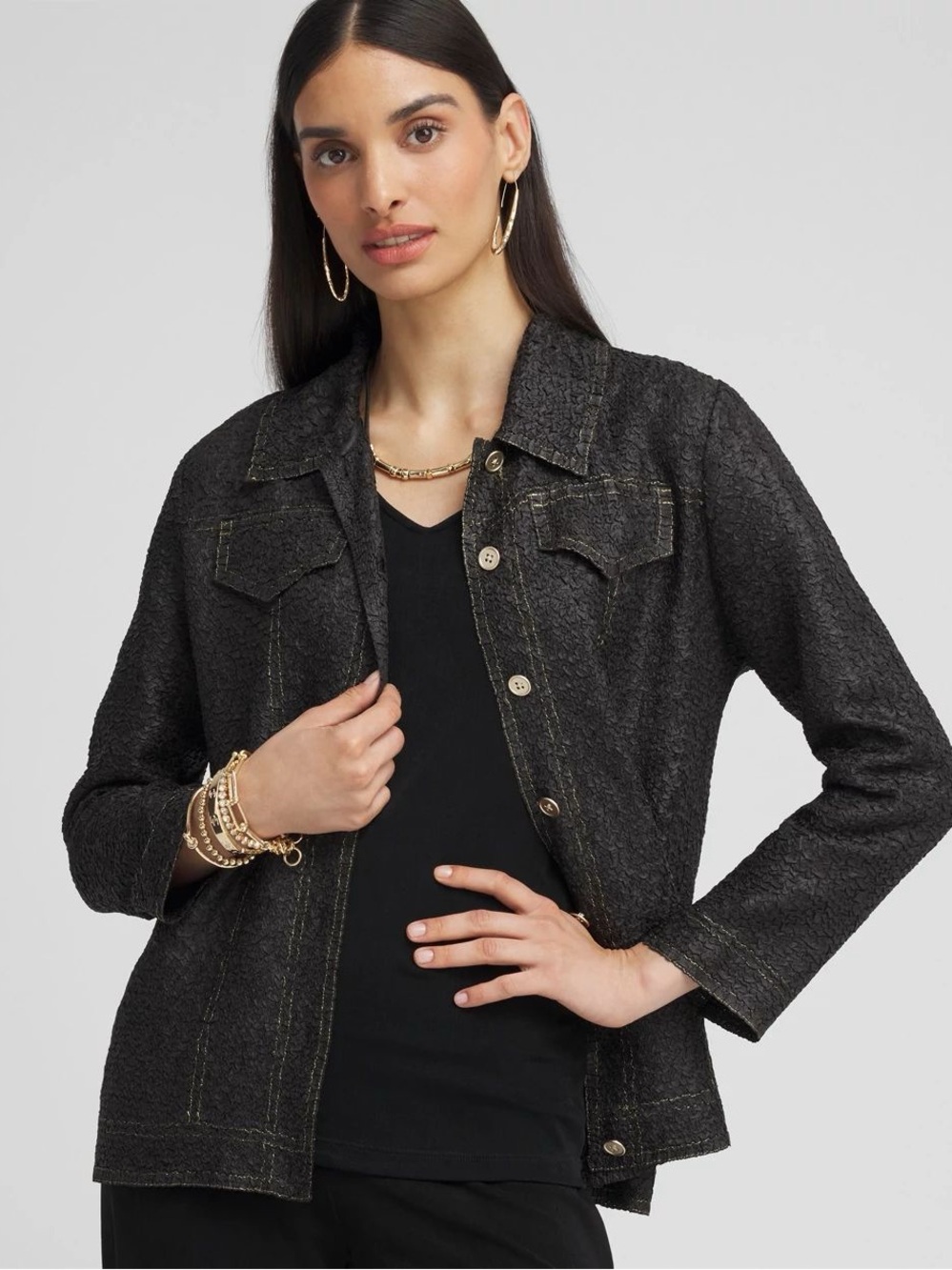 Chicos Travelers Collection Denim Look Jacket Black Textured Button-Front Jacket